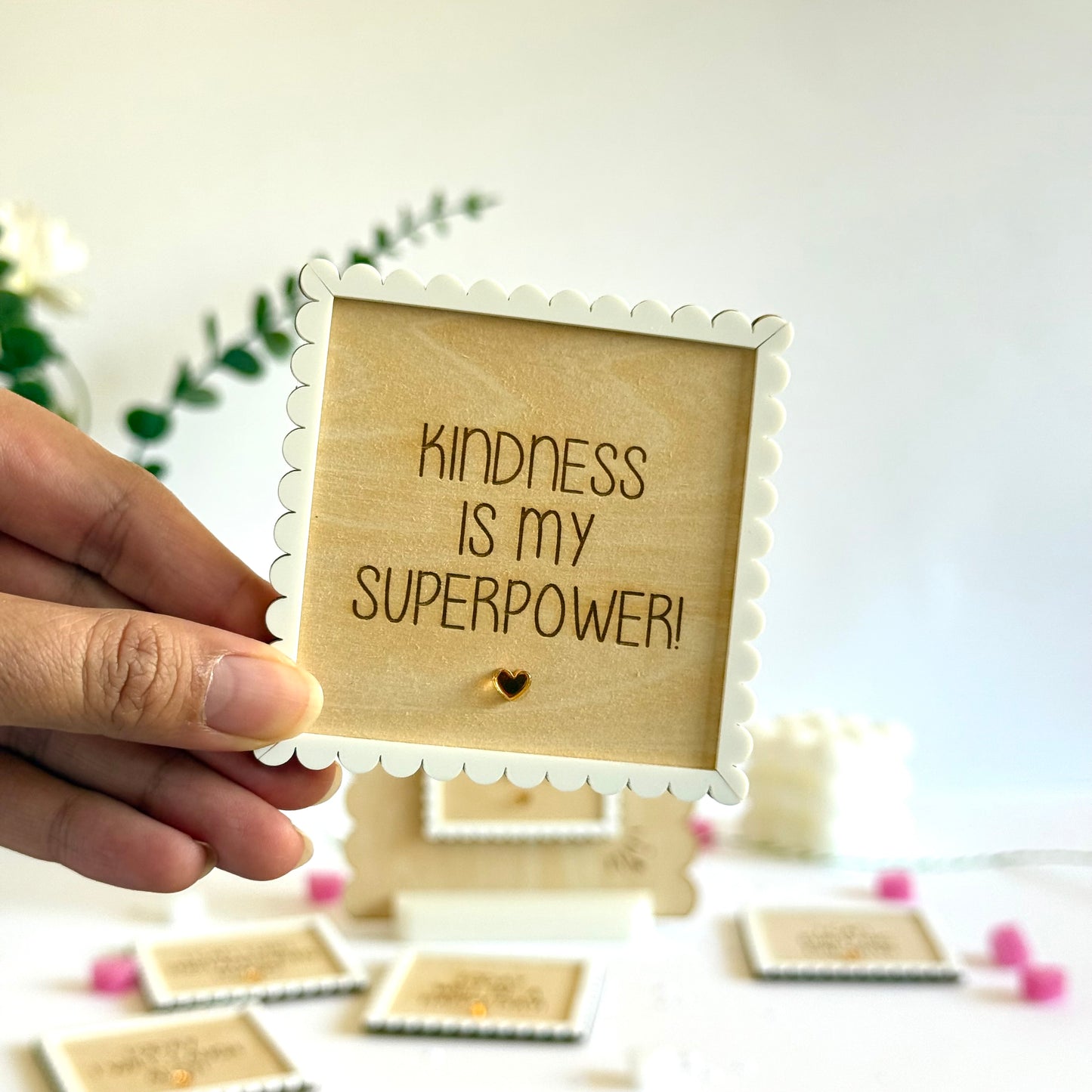 Daily Affirmation Card Set with Stand | 12 Interchangeable Wooden Growth Mindset Plaque