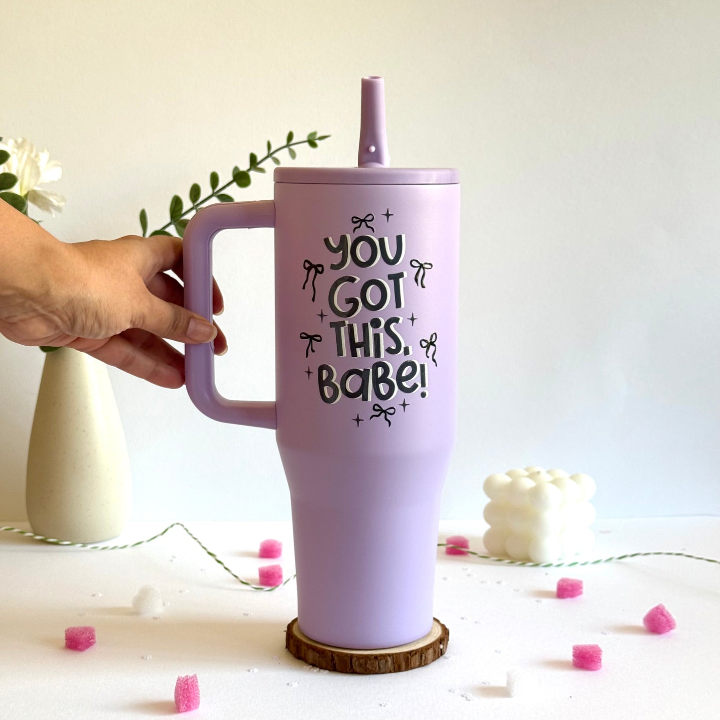 Trendy 40 oz Insulated Tumbler with Handle | Motivational Quote Hydration Mug