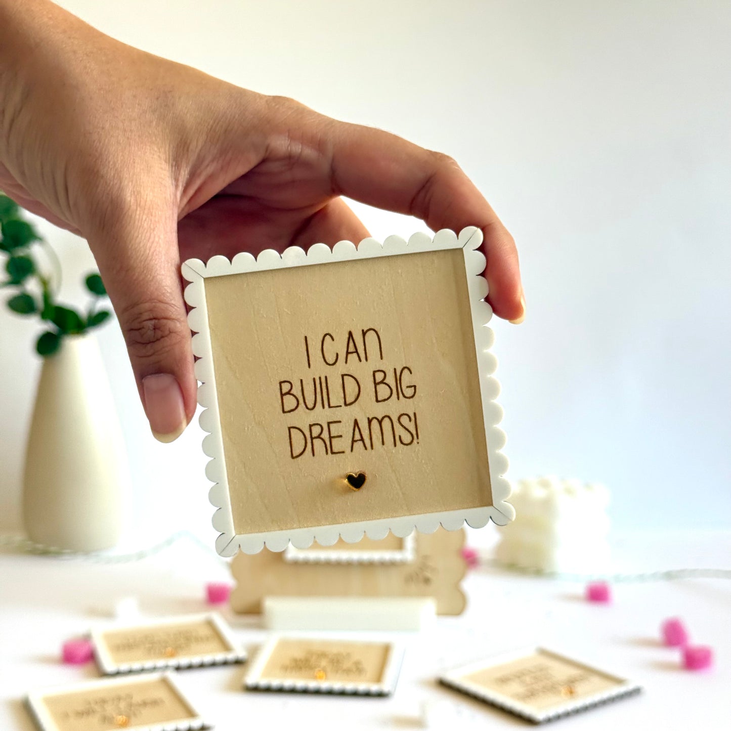 Daily Affirmation Card Set with Stand | 12 Interchangeable Wooden Growth Mindset Plaque