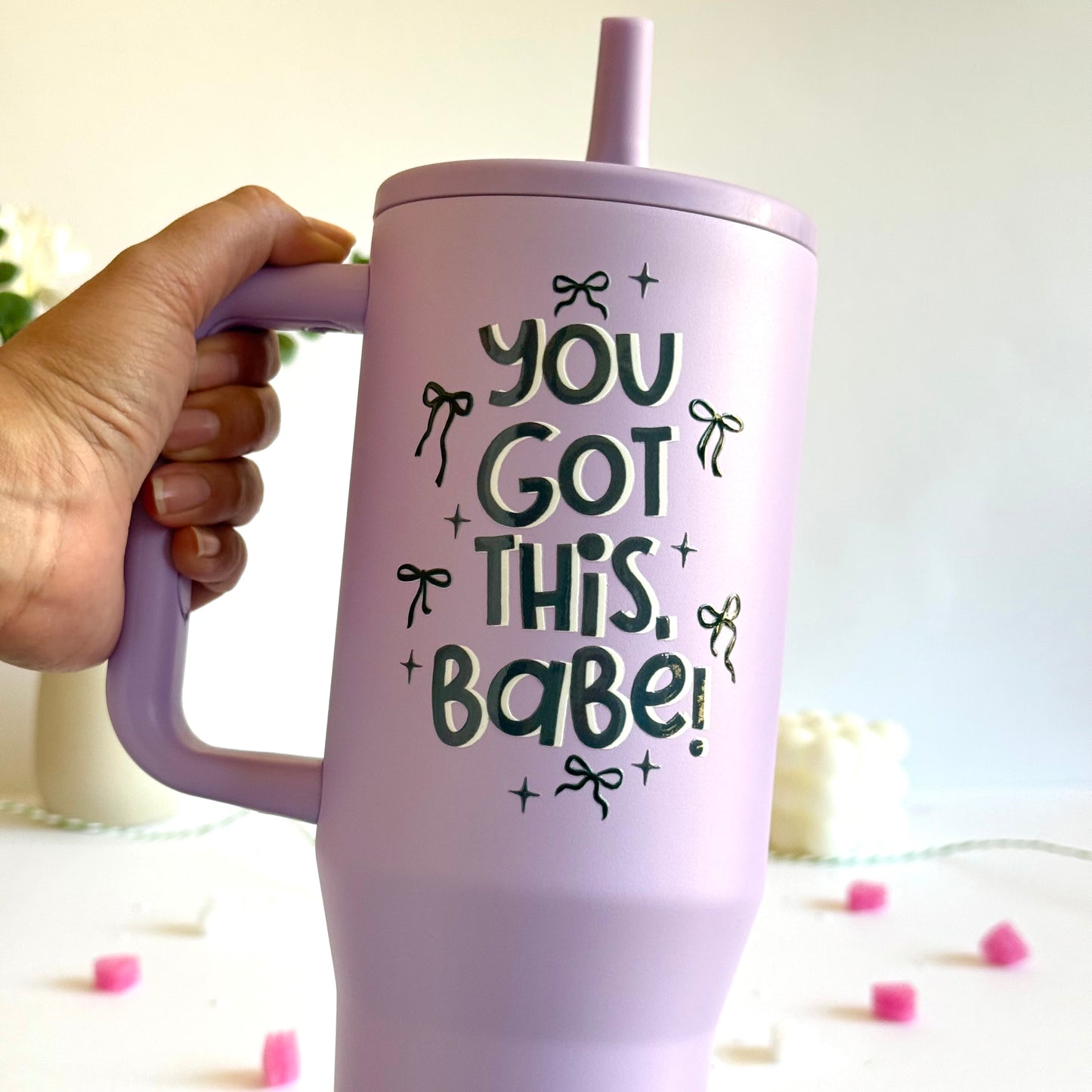 Trendy 40 oz Insulated Tumbler with Handle | Motivational Quote Hydration Mug