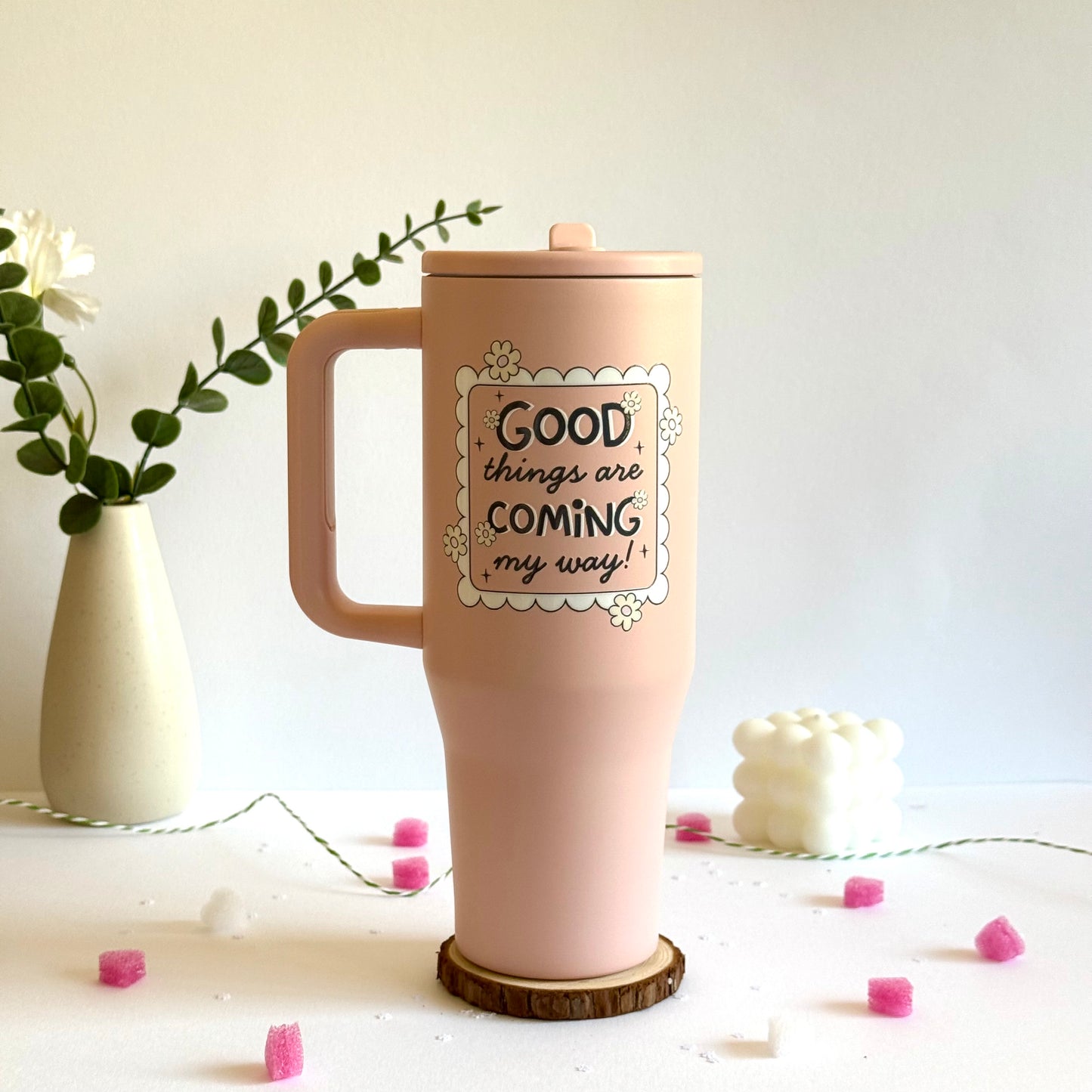 Trendy 40 oz Insulated Tumbler with Handle | Motivational Quote Hydration Mug