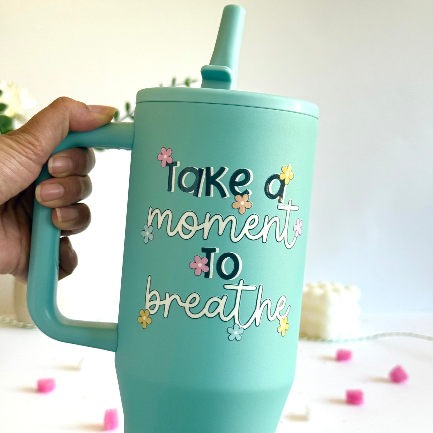 Trendy 40 oz Insulated Tumbler with Handle | Motivational Quote Hydration Mug