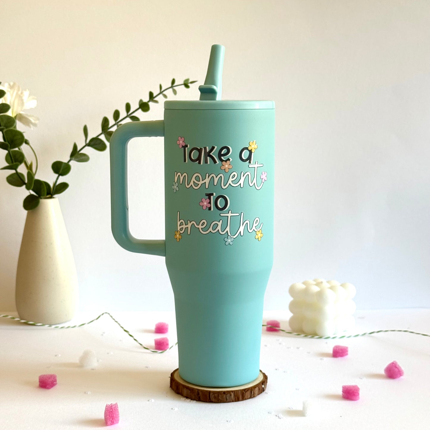 Trendy 40 oz Insulated Tumbler with Handle | Motivational Quote Hydration Mug