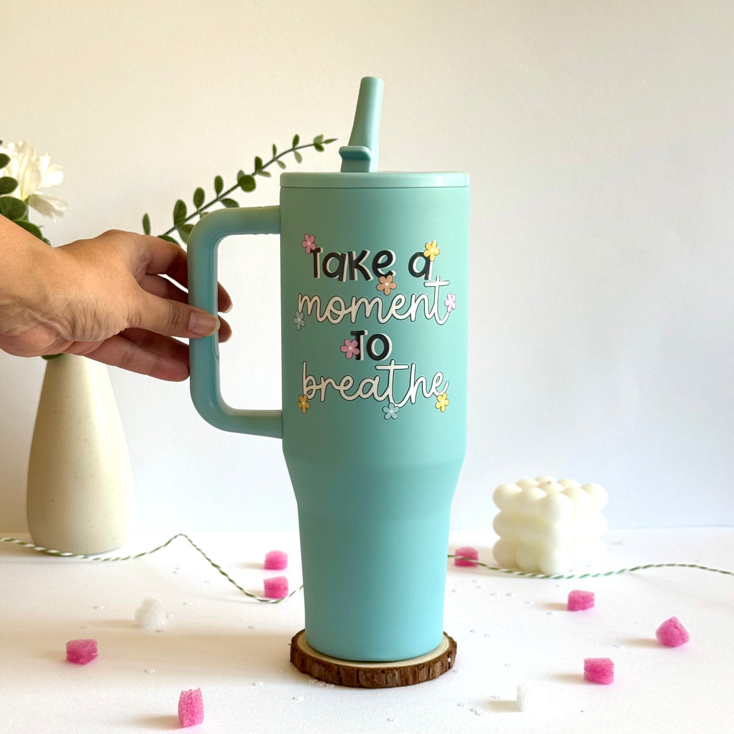 Trendy 40 oz Insulated Tumbler with Handle | Motivational Quote Hydration Mug