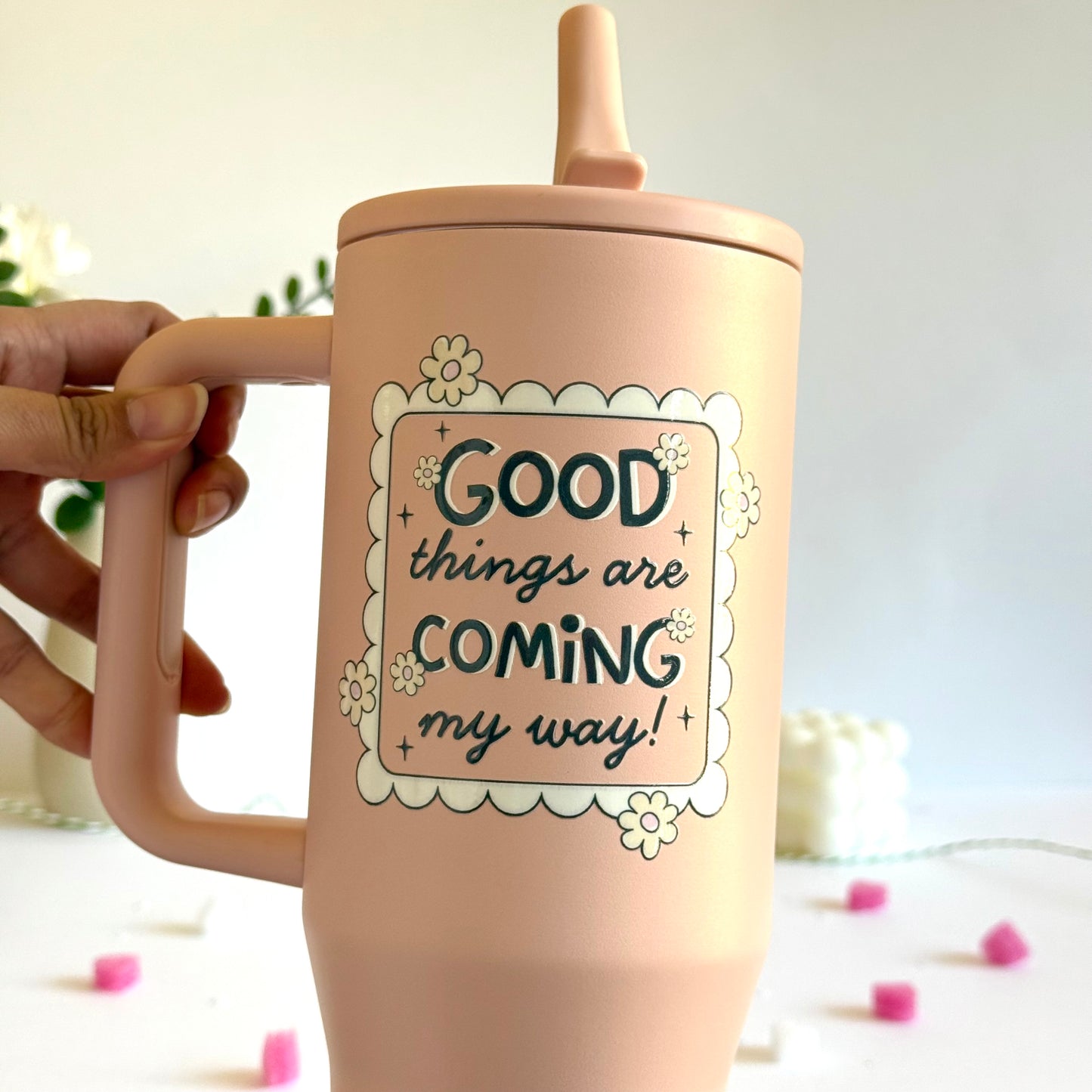 Trendy 40 oz Insulated Tumbler with Handle | Motivational Quote Hydration Mug