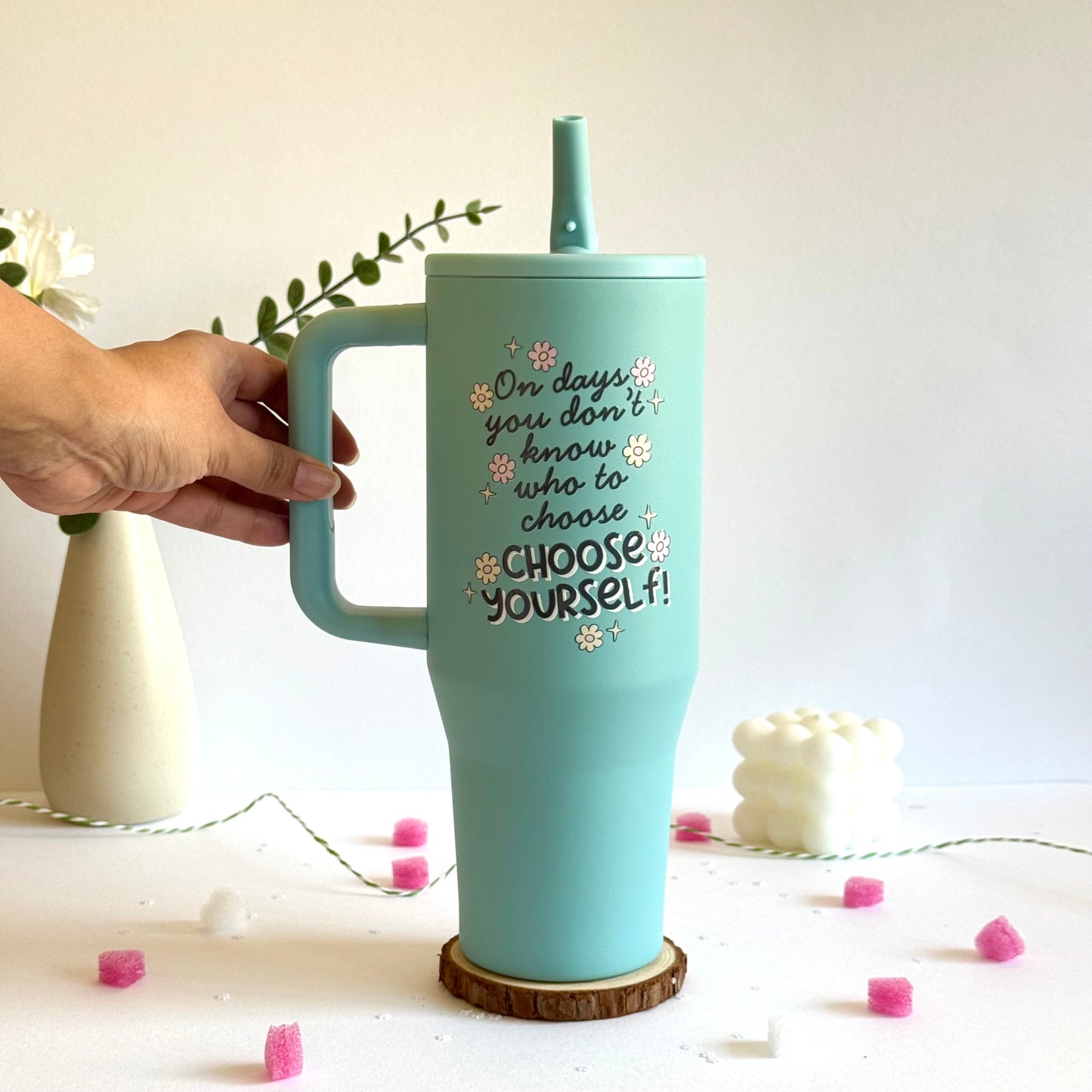 Trendy 40 oz Insulated Tumbler with Handle | Motivational Quote Hydration Mug
