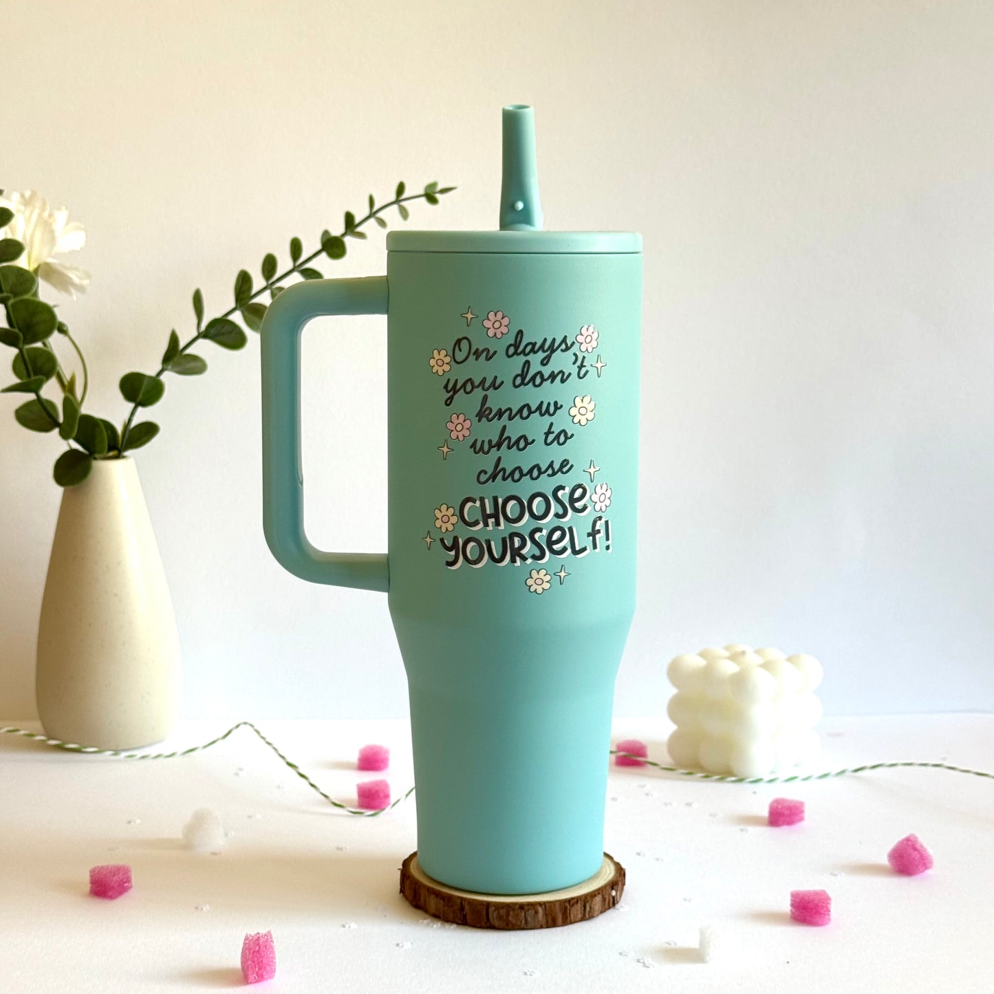 Trendy 40 oz Insulated Tumbler with Handle | Motivational Quote Hydration Mug