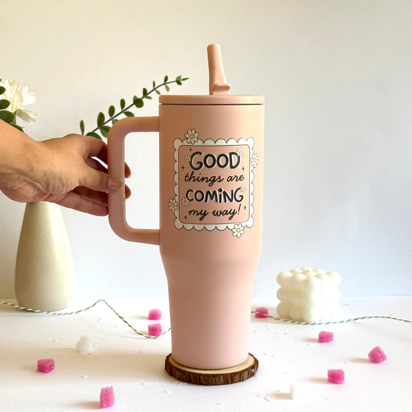 Trendy 40 oz Insulated Tumbler with Handle | Motivational Quote Hydration Mug