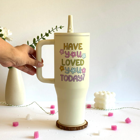 Trendy 40 oz Insulated Tumbler with Handle | Off White | Motivational Quote Hydration Mug