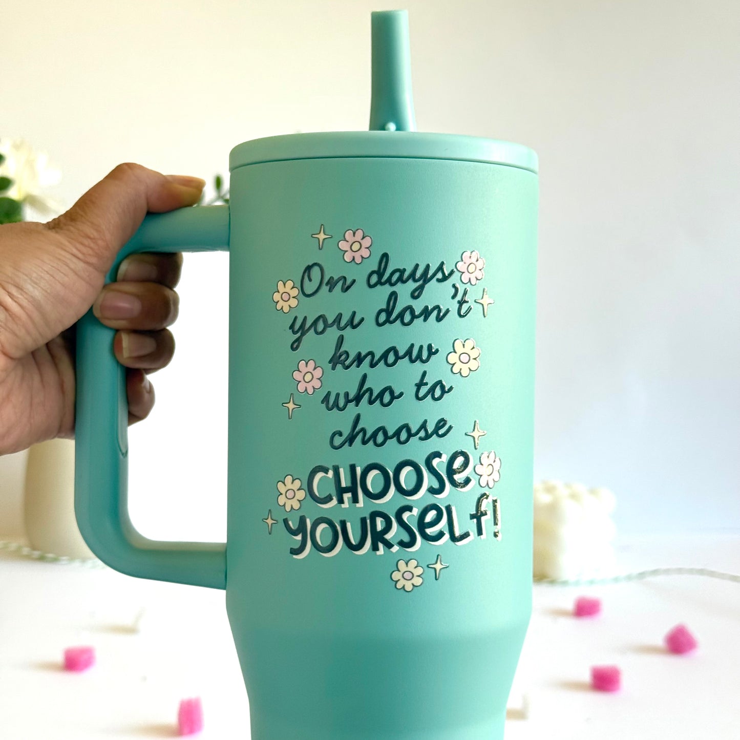 Trendy 40 oz Insulated Tumbler with Handle | Motivational Quote Hydration Mug