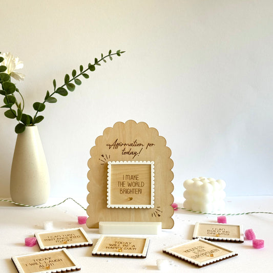 Daily Affirmation Card Set with Stand | 12 Interchangeable Wooden Growth Mindset Plaque