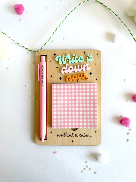 Write it Down | Overthink | Motivational Wooden Memo Board with Sticky Notes & Pen | Desk Organizer Gift