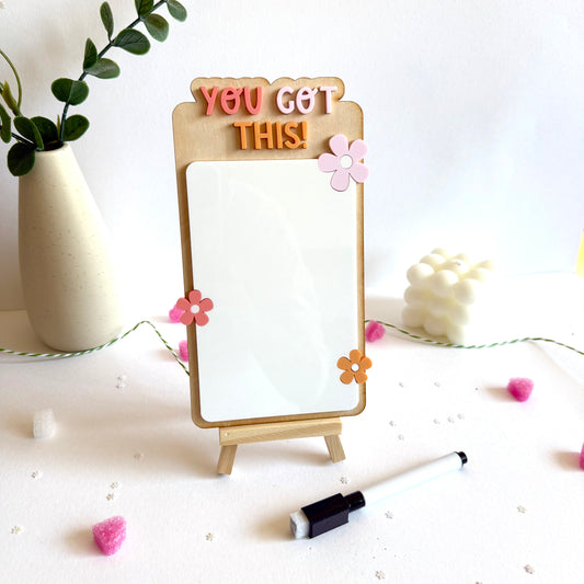 You Got This!" Wooden Mini Dry Erase Whiteboard with Easel | Motivational Desk Decor & Message Board