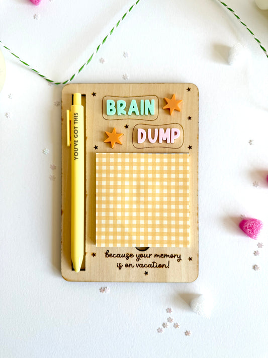 Brain Dump | Motivational Wooden Memo Board with Sticky Notes & Pen | Desk Organizer Gift